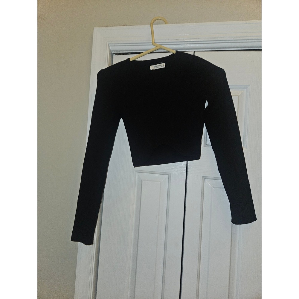 12th Tribe Womens Black Ribbed Knit Long Sleeve Crop Top Crew Neck Size XS